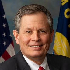 Black and white headshot of Montana Republican Senate candidate Steve Daines not supported by Senate Majority PAC.