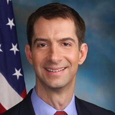 Black and white headshot of Arkansas Republican Senate candidate Tom Cotton not supported by Senate Majority PAC.